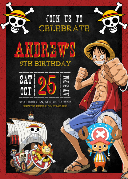 One Piece Monkey D.Luffy Anime customizable invitation template | Share or Print | | QH982