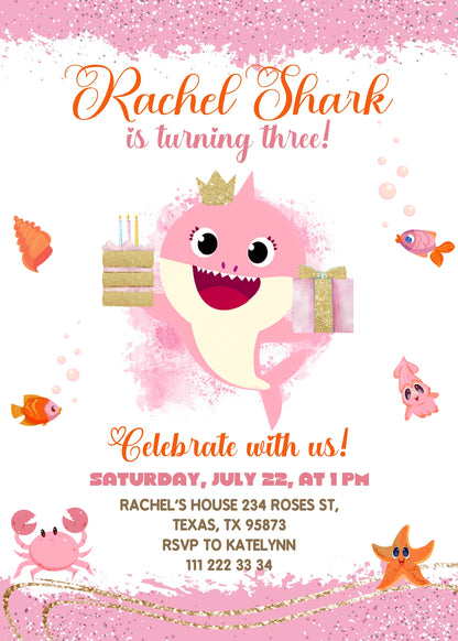 Baby Shark customizable invite template girl | instant download | Share or Print | QA608