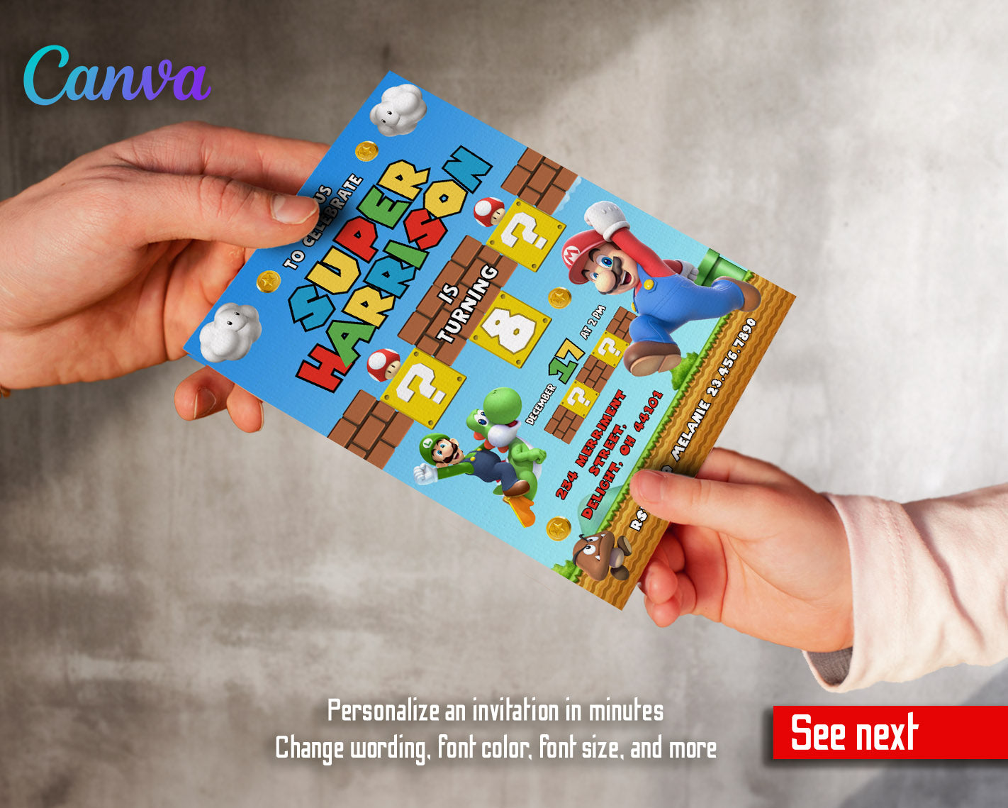 Super Mario Bros  customizable invitation template | Share or Print |  | VE084