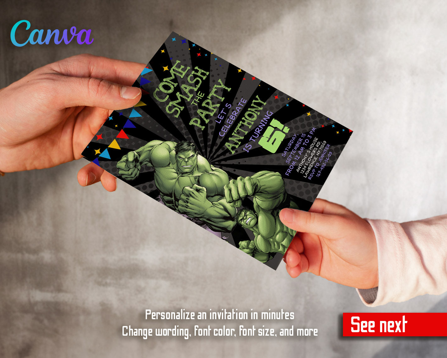 Hulk The Avengers Marvel Superhero customizable invitation template | Share or Print | boy | NG976