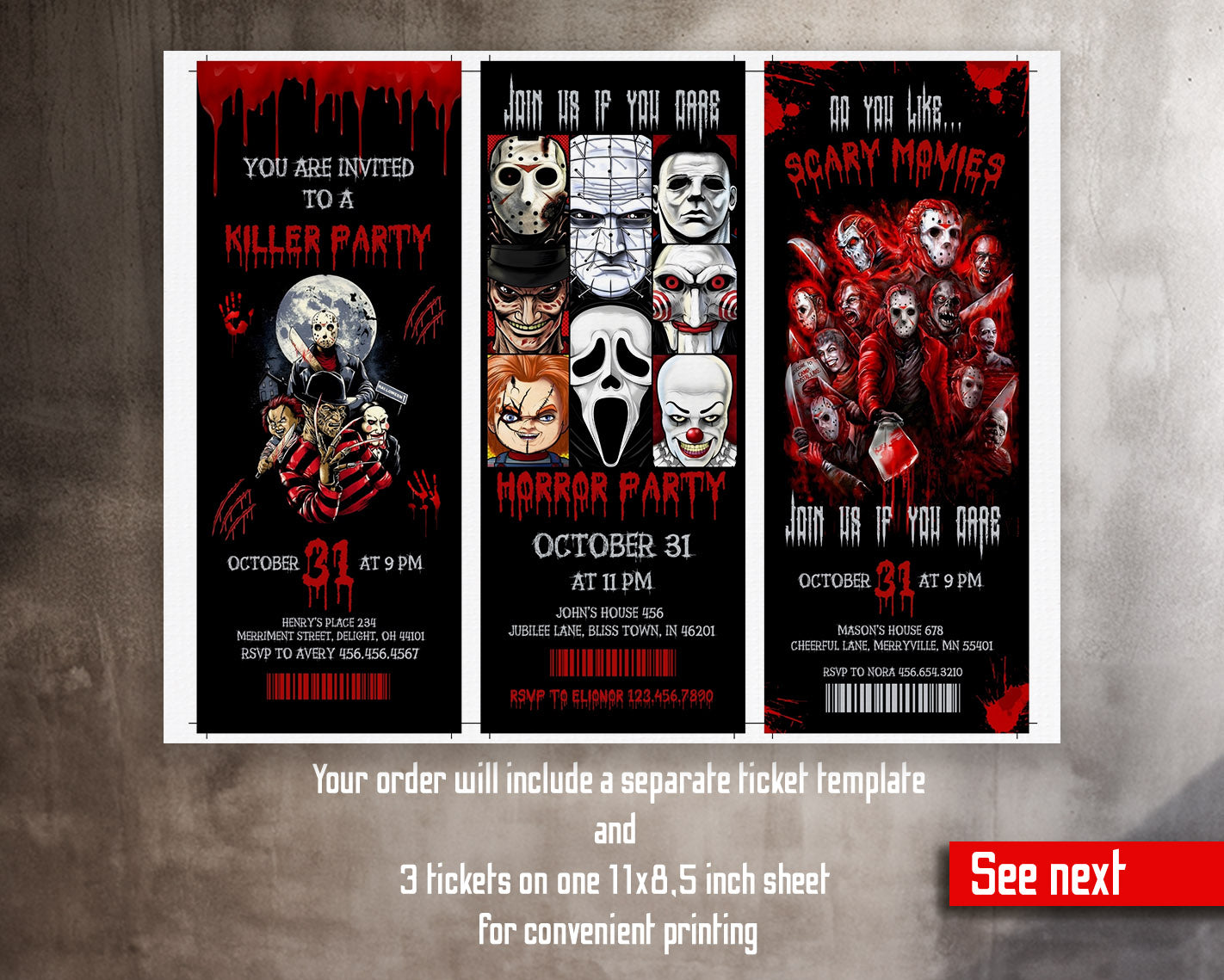 Horror Killer Movie Party Ticket customizable invitation template | Share or Print |  | OX960