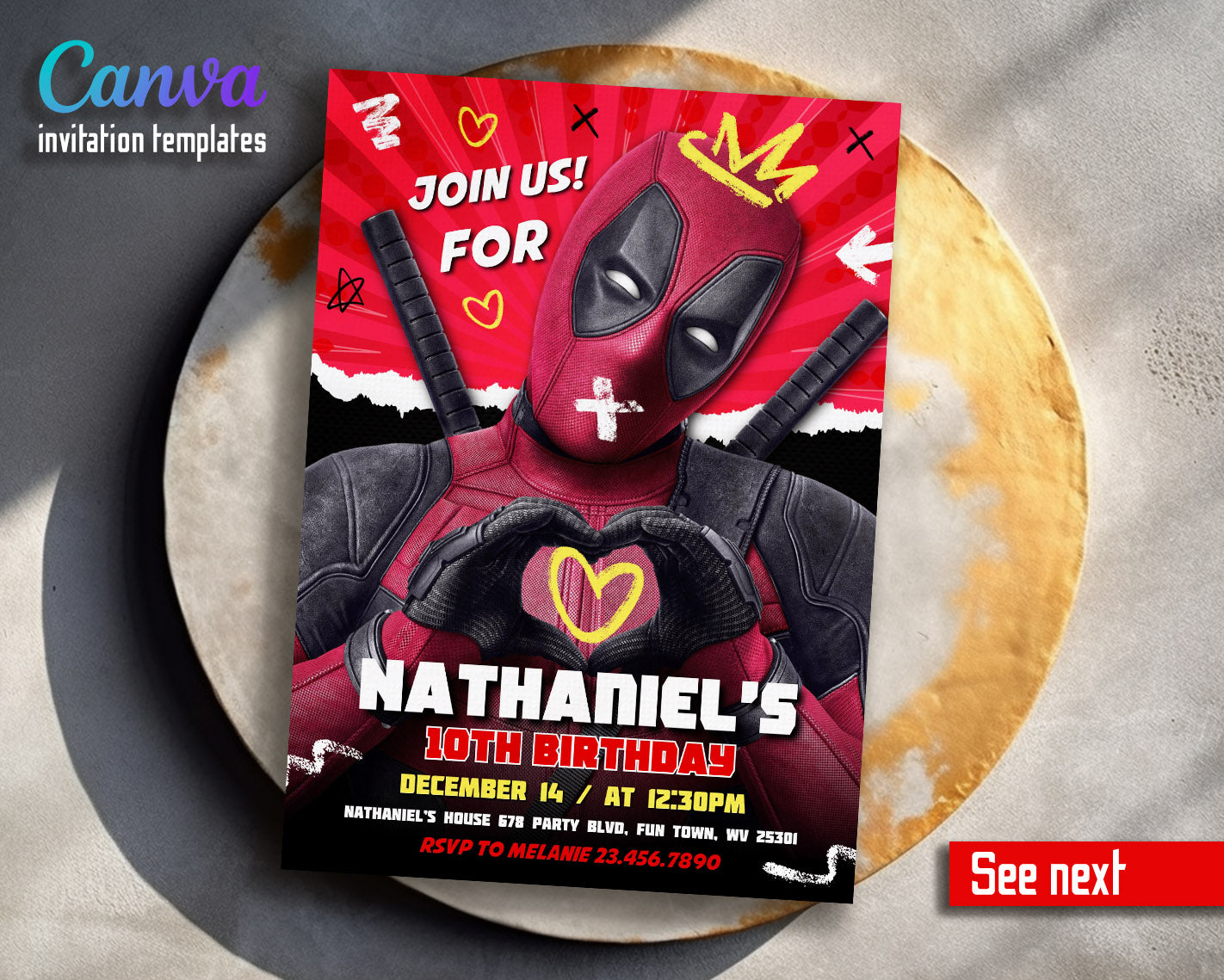 Deadpool Marvel  customizable invitation template | Share or Print | boy | IU423