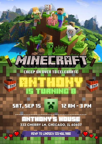 Minecraft Gamer customizable invitation template | Share or Print | | JE718