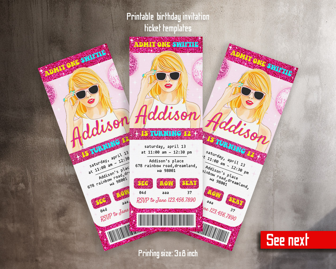 Taylor Swift Eras Tour Ticket customizable invitation template | Share or Print | girl | MT122