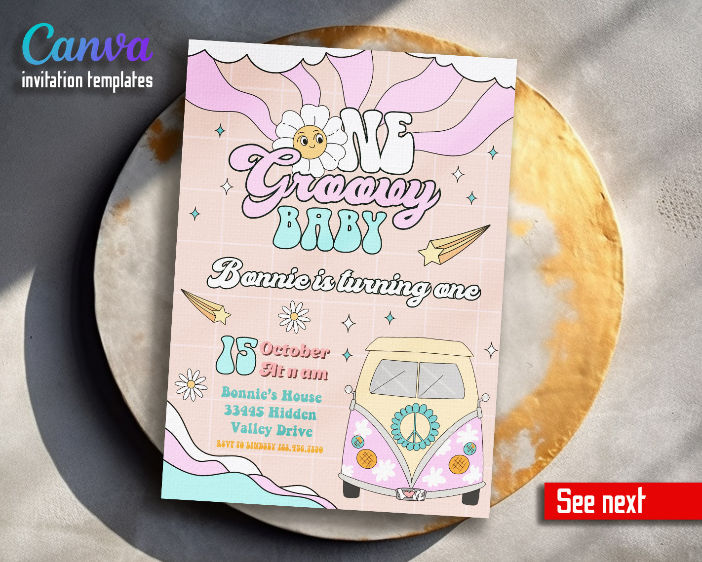 Groovy 1st Bday Hippie Van customizable invitation template | Share or Print |  | AK271