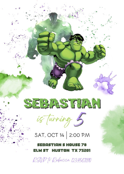 Hulk The Avengers Marvel Superhero customizable invitation template | Share or Print | boy | QU680