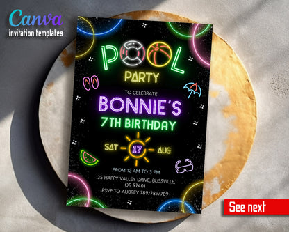 Neon Pool Party customizable invitation template | Share or Print | girl | CJ275