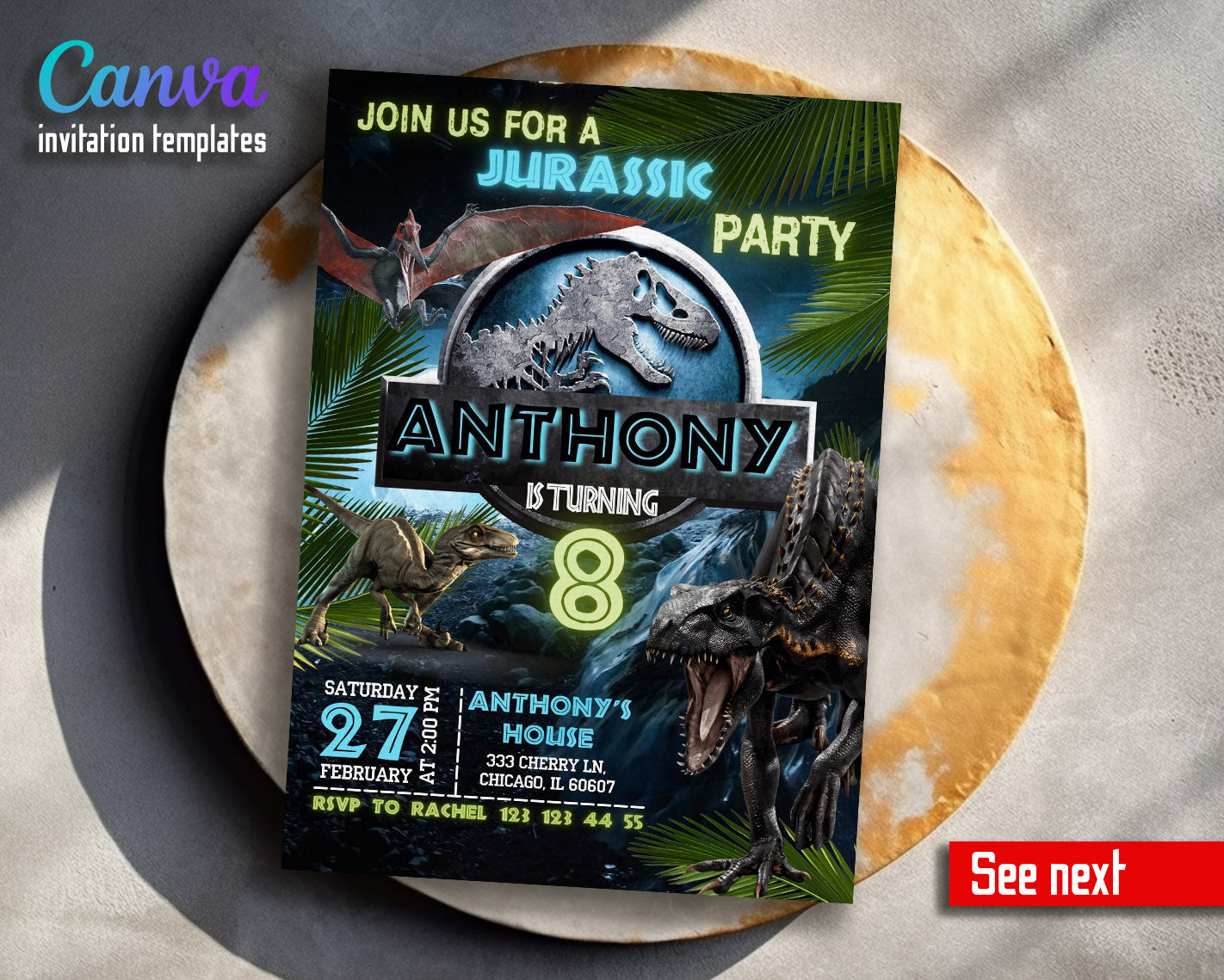 Jurassic Park Dinosaur customizable invitation template | Share or Print |  | ZW311