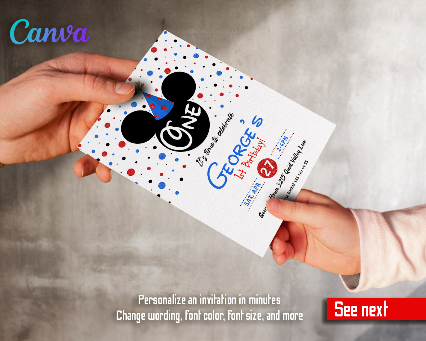 Mickey Mouse 1st Birthday customizable invitation template | Share or Print |  | ZE869