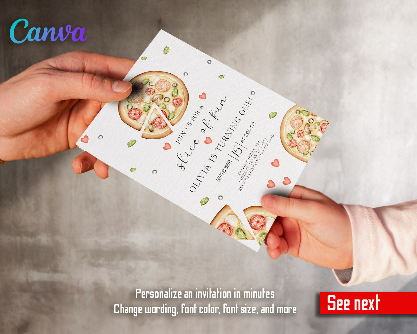 Pizza 1st Party customizable invitation template | Share or Print |  | UJ513