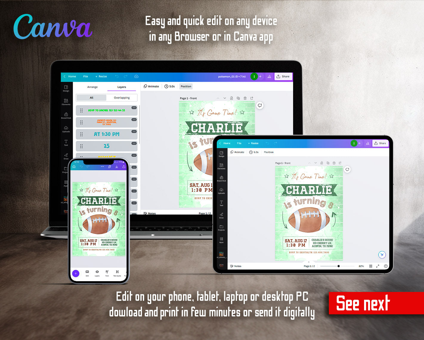 Super Bowl Football customizable invitation template | Share or Print | boy | JL250