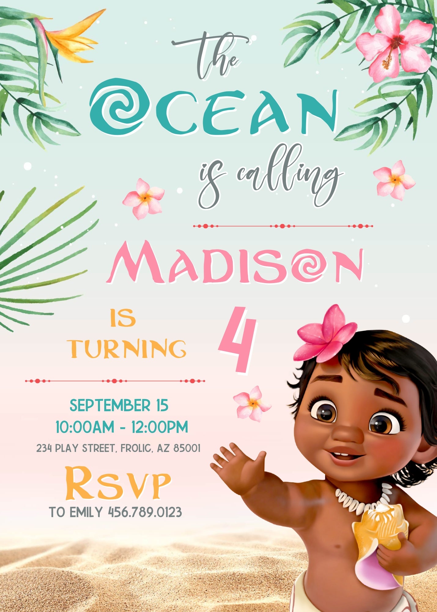 Moana Princess customizable invitation template | Share or Print | girl | EA110