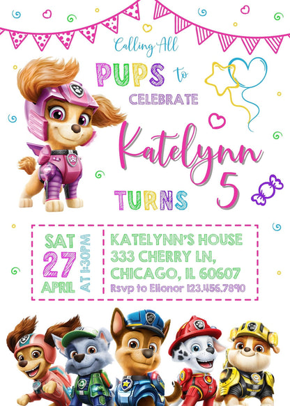 Paw Patrol customizable invite template girl | instant download | Share or Print | LR817