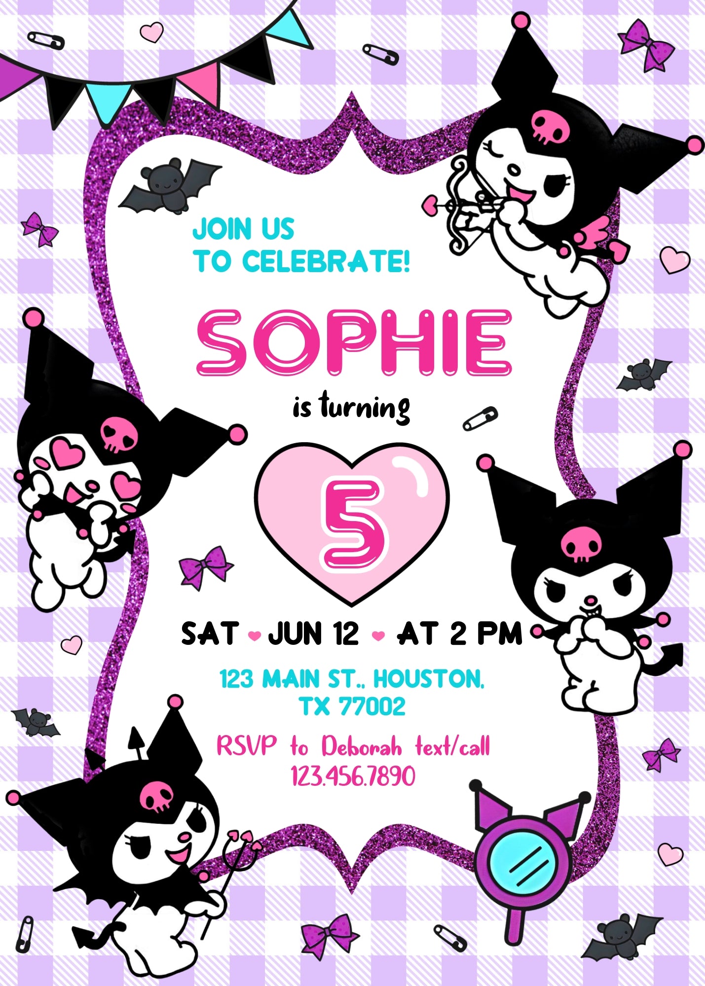 Kuromi Hello Kitty Sanrio customizable invitation template | Share or Print | | QR203