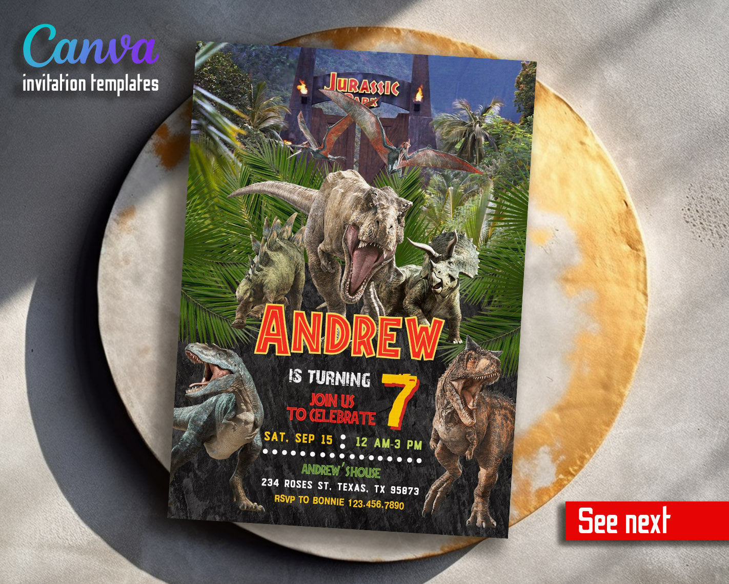 Jurassic Park Dinosaur customizable invitation template | Share or Print |  | NH431