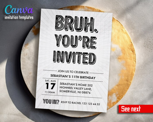 Bruh Birthday customizable invitation template | Share or Print | boy | YG984