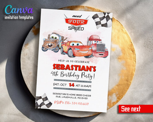 Cars Lightning Mcqueen Four customizable invitation template | Share or Print | boy | HR469