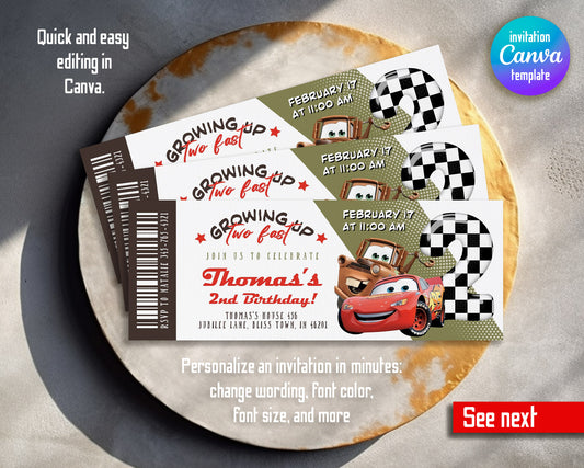 Cars Lightning Mcqueen Two customizable invitation template | Share or Print | boy | EZ727