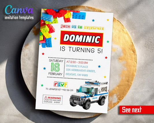 Lego Police Car customizable invitation template | Share or Print | boy | LL008