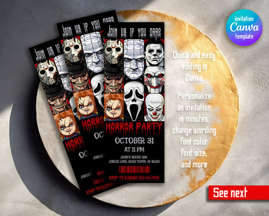 Horror Killer Movie Party Ticket customizable invitation template | Share or Print |  | KF698