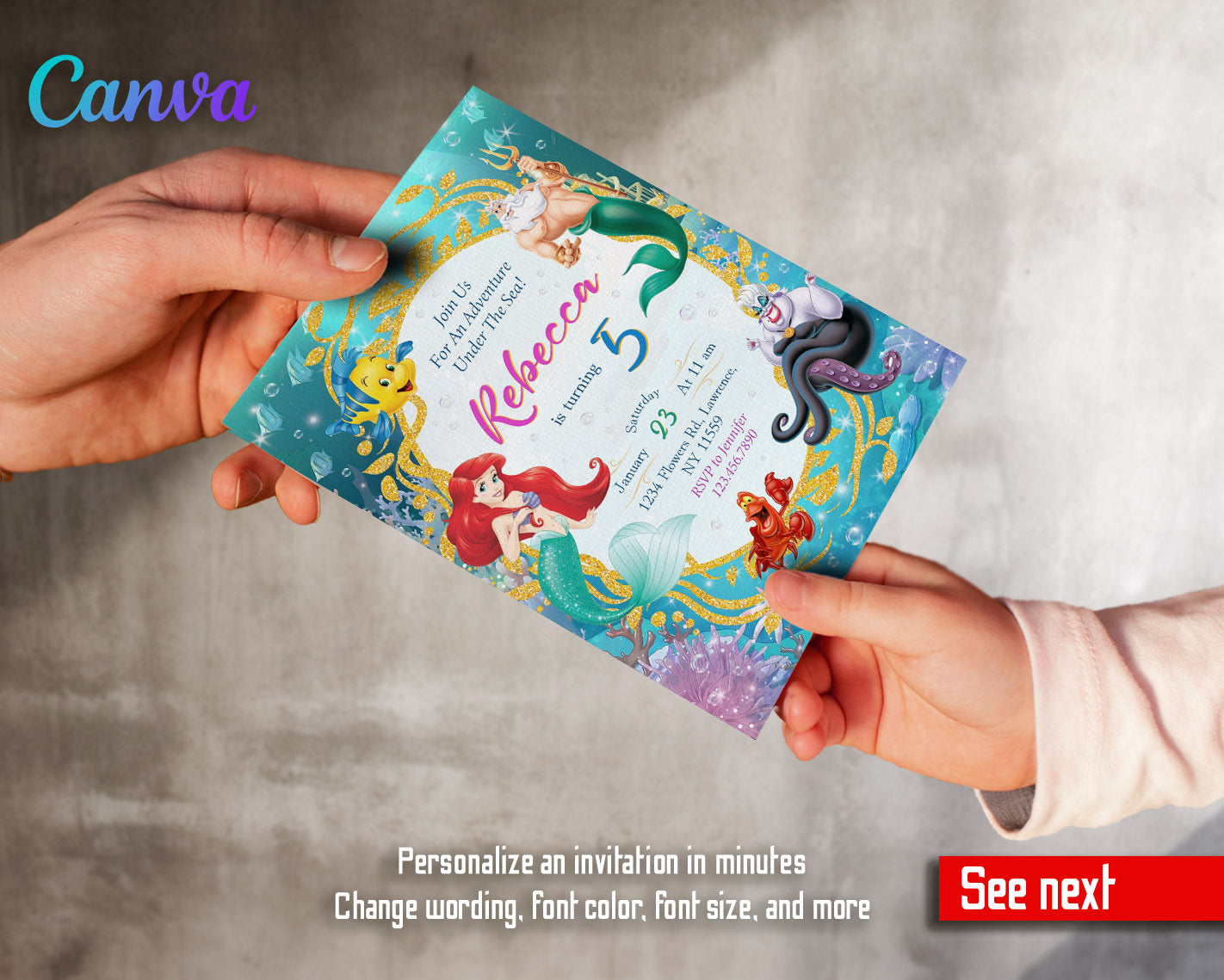 Ariel The Little Mermaid customizable invitation template | Share or Print | girl | UH975