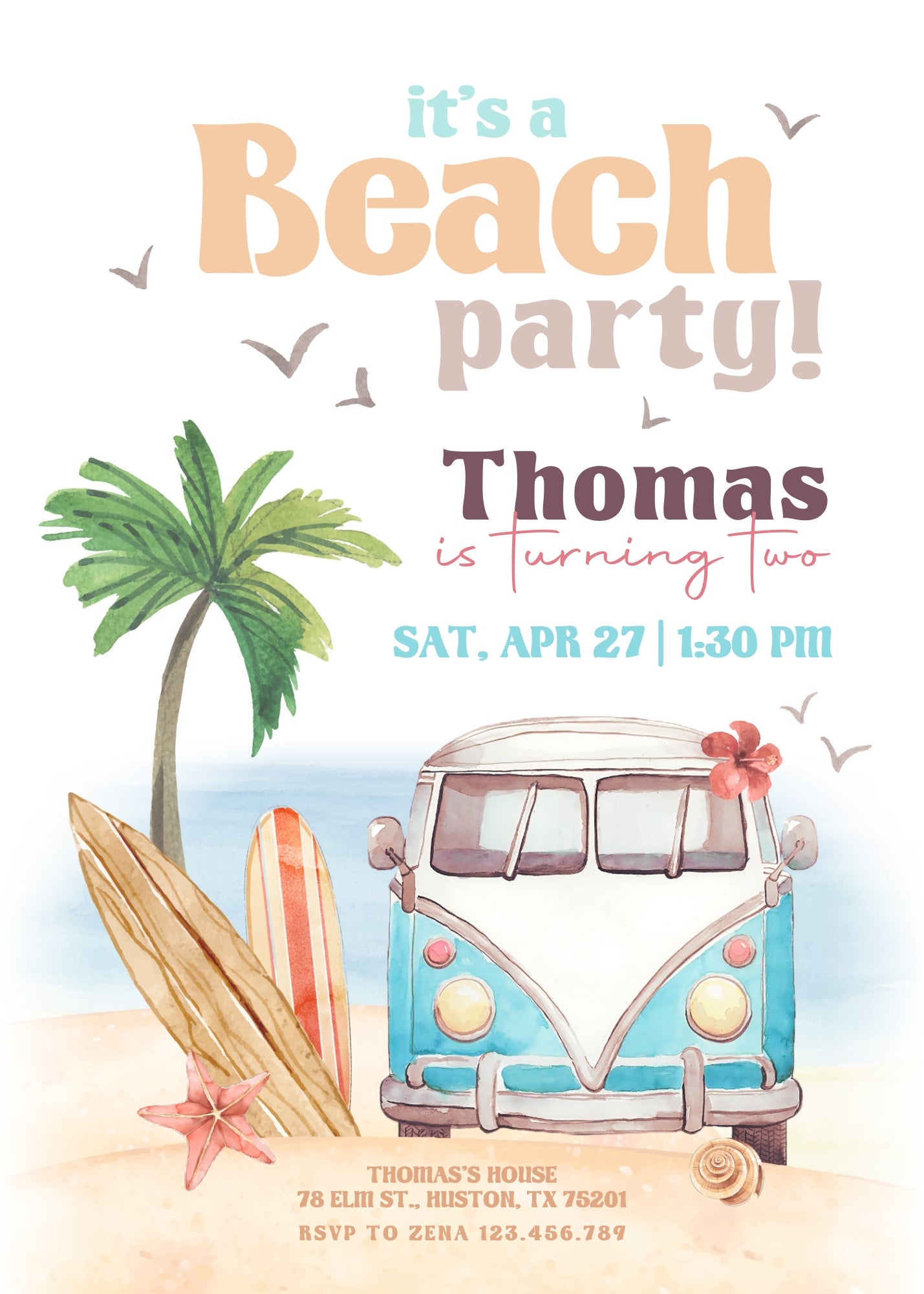 Groovy Surfvan Surfing customizable invitation template | Share or Print |  | TM819