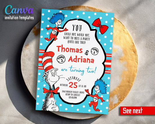 Dr Seuss The Cat in the Hat Twins customizable invitation template | Share or Print |  | MO231