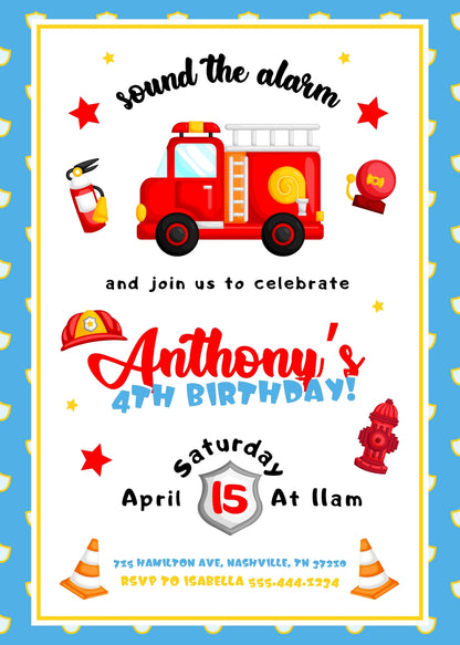 Firetruck Firefighter Fire Truck customizable invitation template | Share or Print | boy | EH988