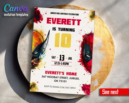 Deadpool Wolverine Marvel customizable invitation template | Share or Print | boy | TQ964