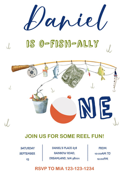 Fishing 1st O-Fish-Ally customizable invitation template | Share or Print |  | UW905