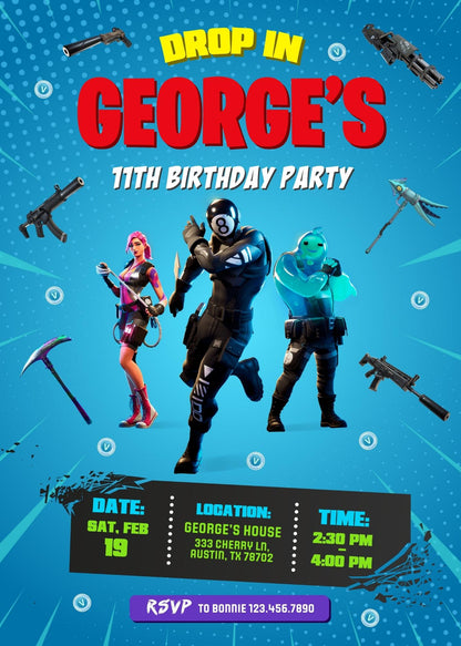 Fortnite gamer customizable invitation template | Share or Print | boy | JG420