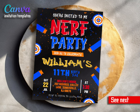 NERF Dart Wars  customizable invitation template | Share or Print | boy | ZJ481