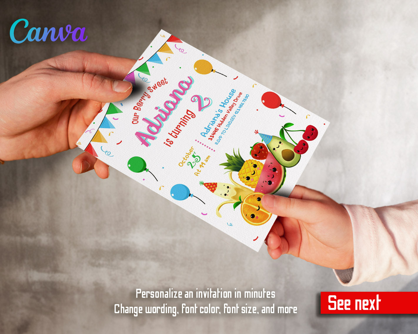 Hey Bear Sensory Dancing Fruits customizable invitation template | Share or Print |  | XU237