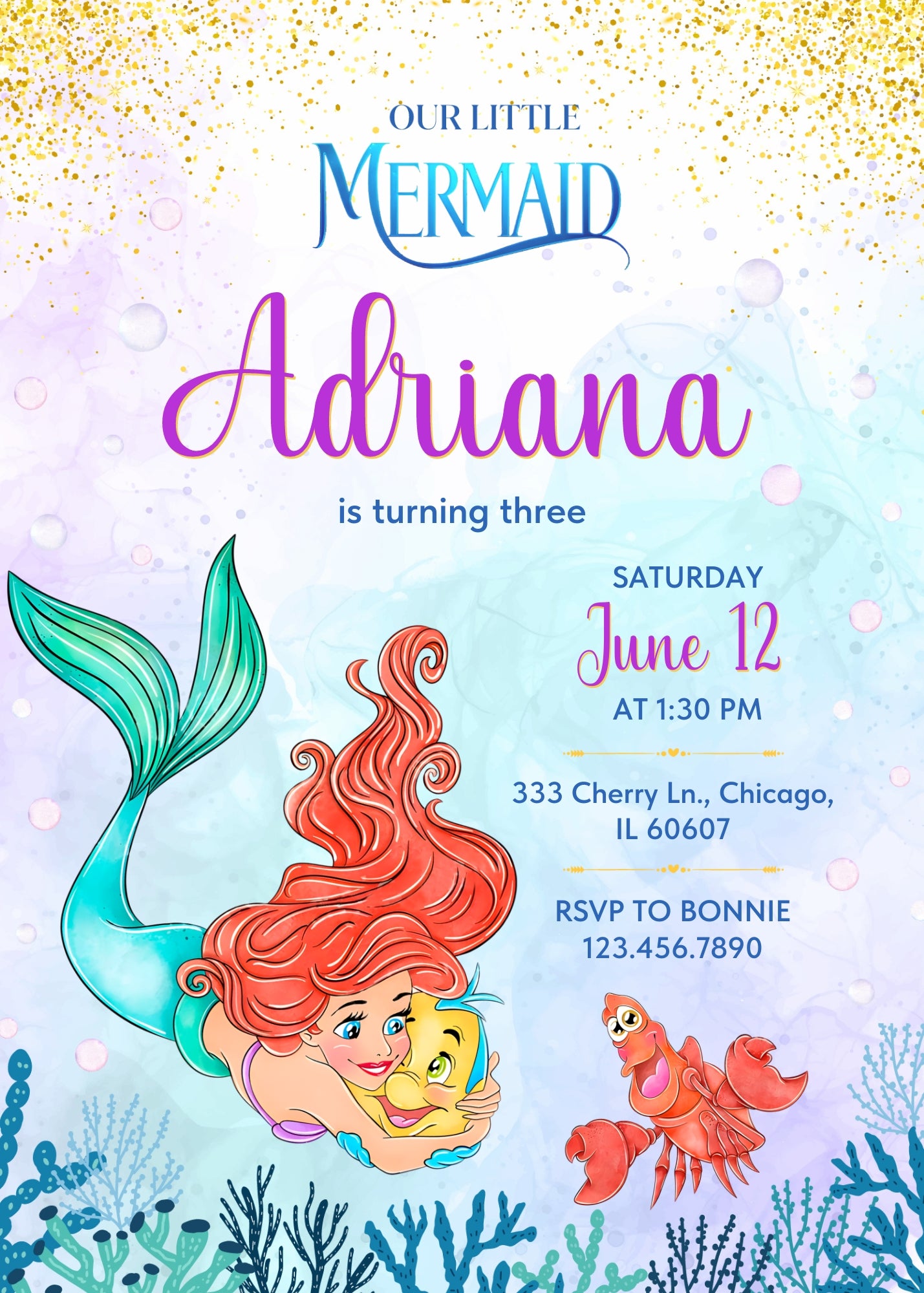 Ariel The Little Mermaid customizable invitation template | Share or Print | girl | IO012