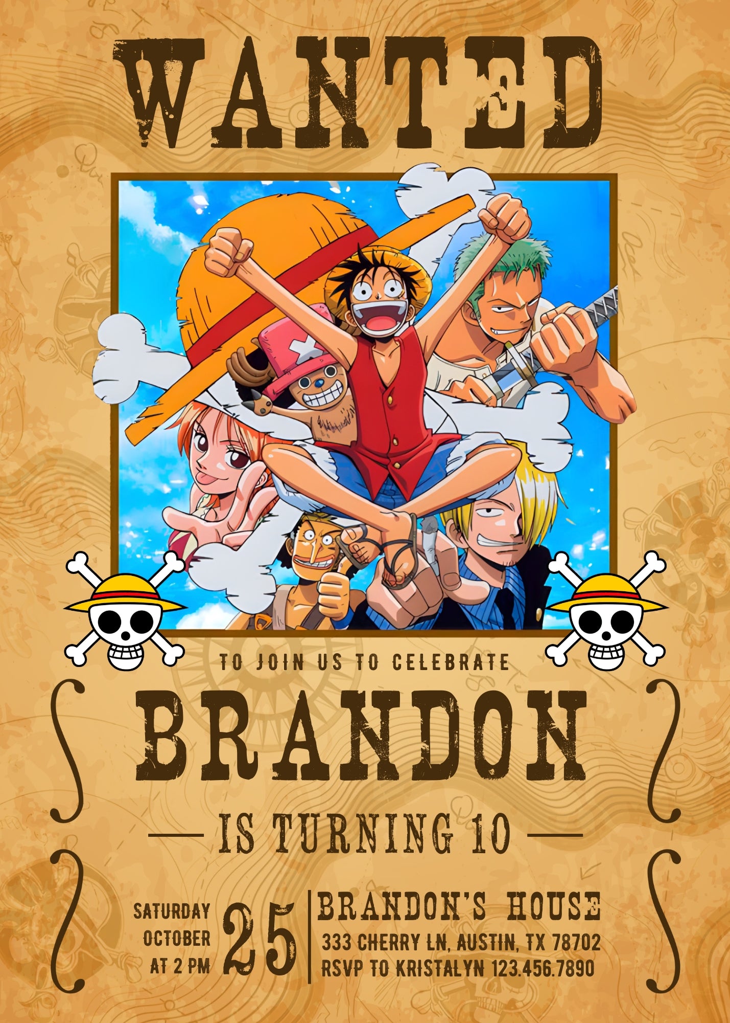 One Piece Monkey D.Luffy Anime customizable invitation template | Share or Print | | MX423