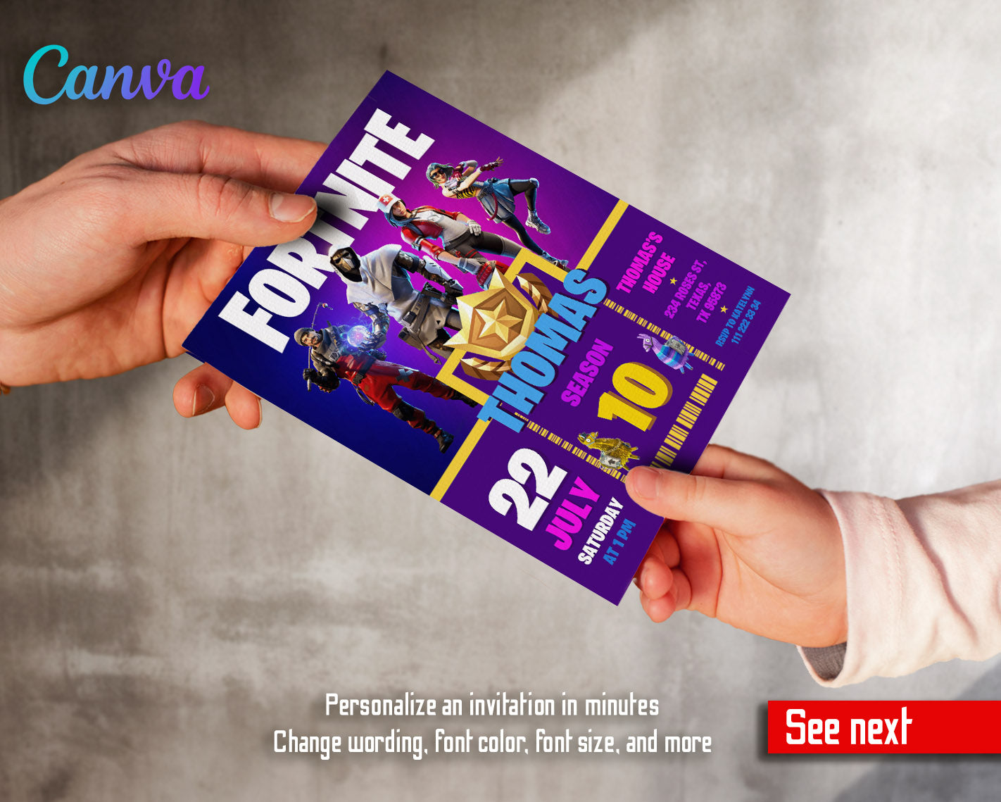 Fortnite gamer customizable invitation template | Share or Print | boy | XH665