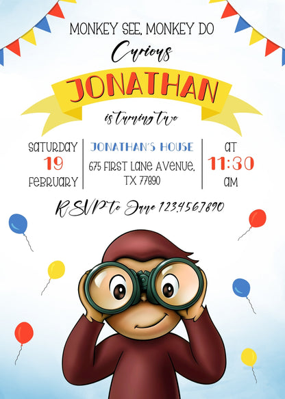 Curious George Monkey customizable invitation template | Share or Print |  | OE015