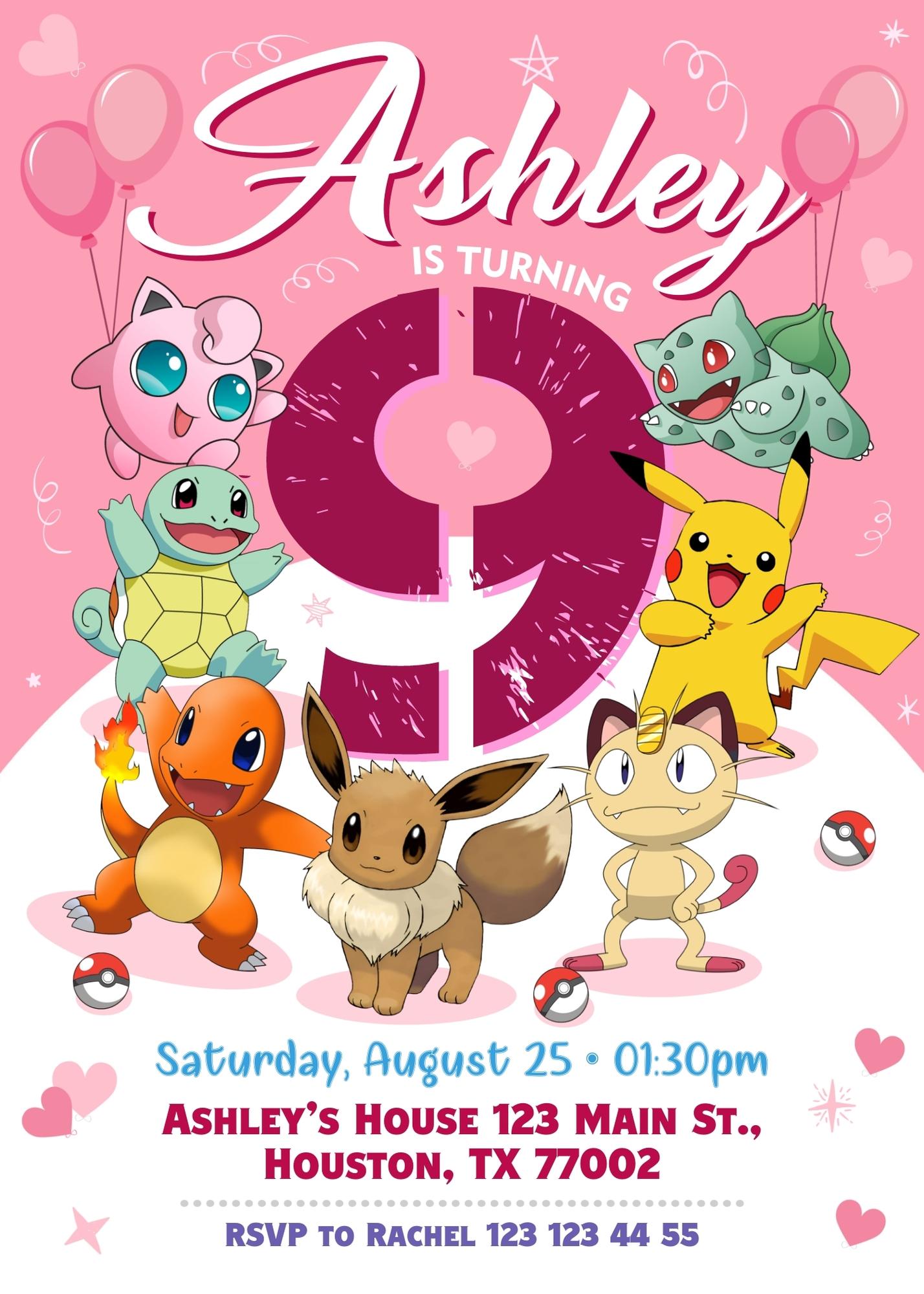 Pokemon customizable invite template girl | instant download | Share or Print | SF604