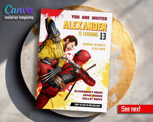 Deadpool Wolverine Marvel  customizable invitation template | Share or Print | boy | KE579