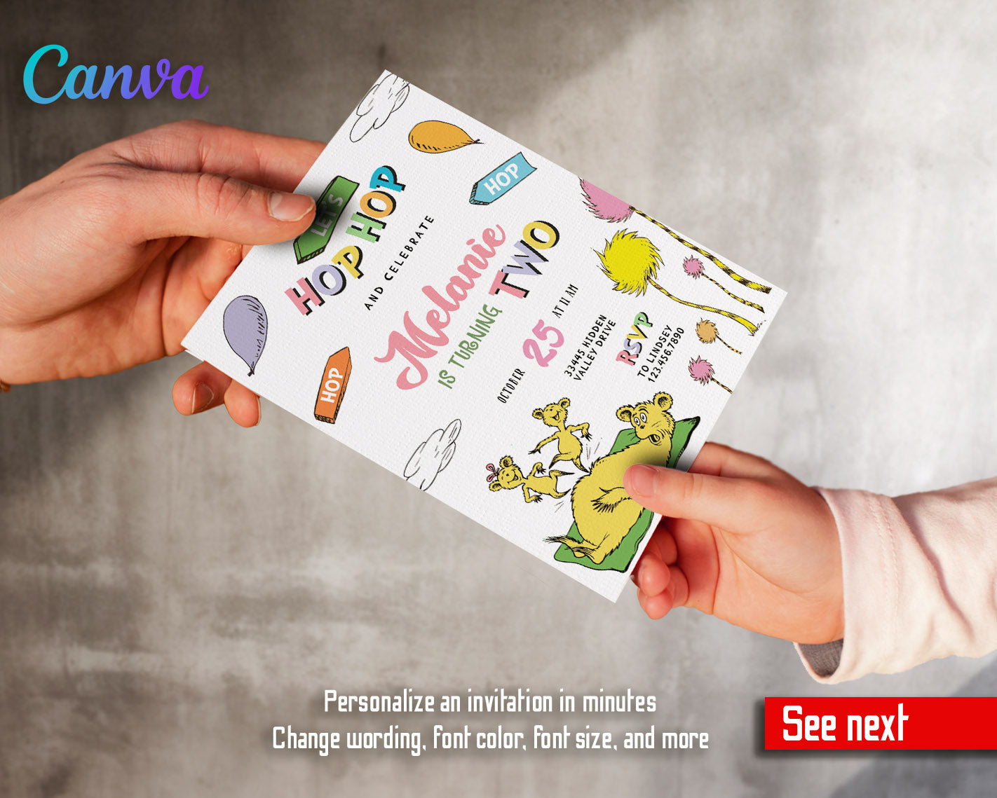 Dr Seuss Hop on Pop customizable invitation template | Share or Print |  | VU193