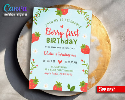 Berry First Birthday customizable invitation template | Share or Print | girl | IE231