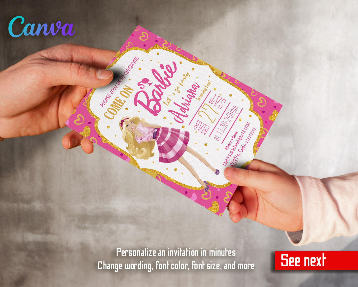 Barbie Pink  customizable invitation template | Share or Print | girl | LA255