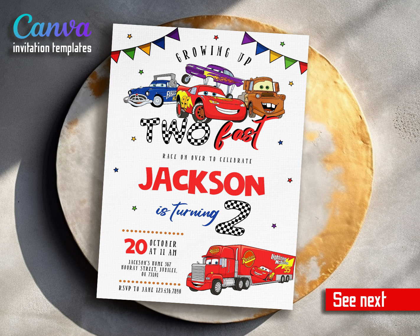 Cars Lightning Mcqueen Two customizable invitation template | Share or Print | boy | EN971