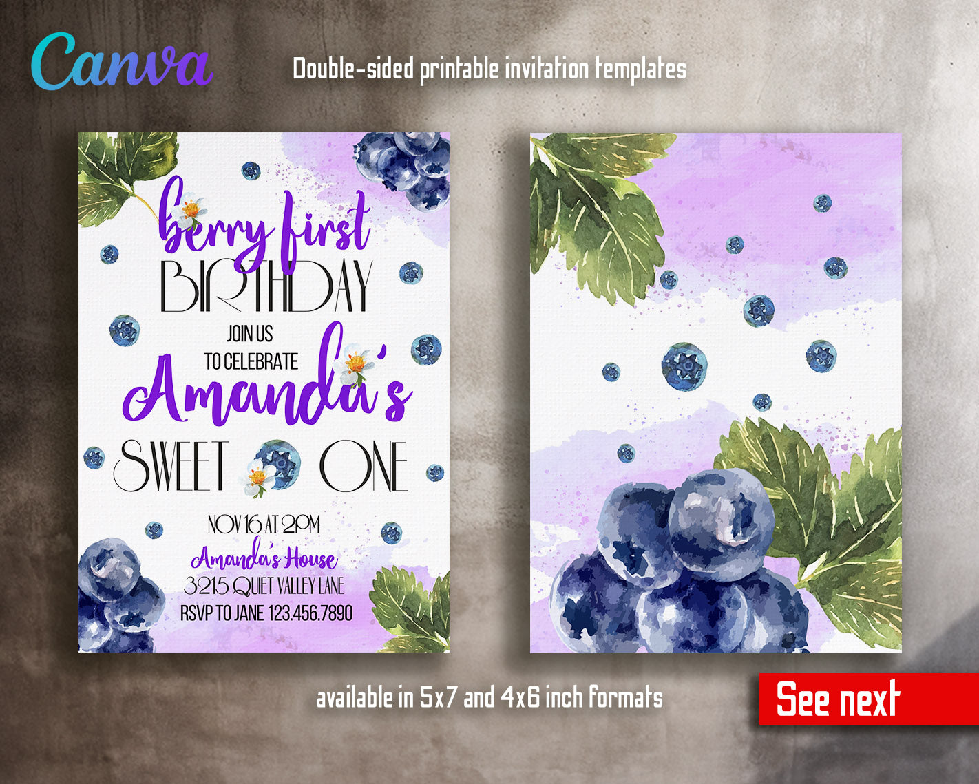 Berry First Birthday customizable invitation template | Share or Print | girl | WG406