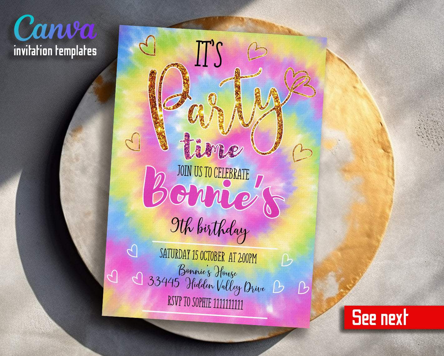 Play, Tie Die Rainbow Party customizable invitation template | Share or Print |  | TE478