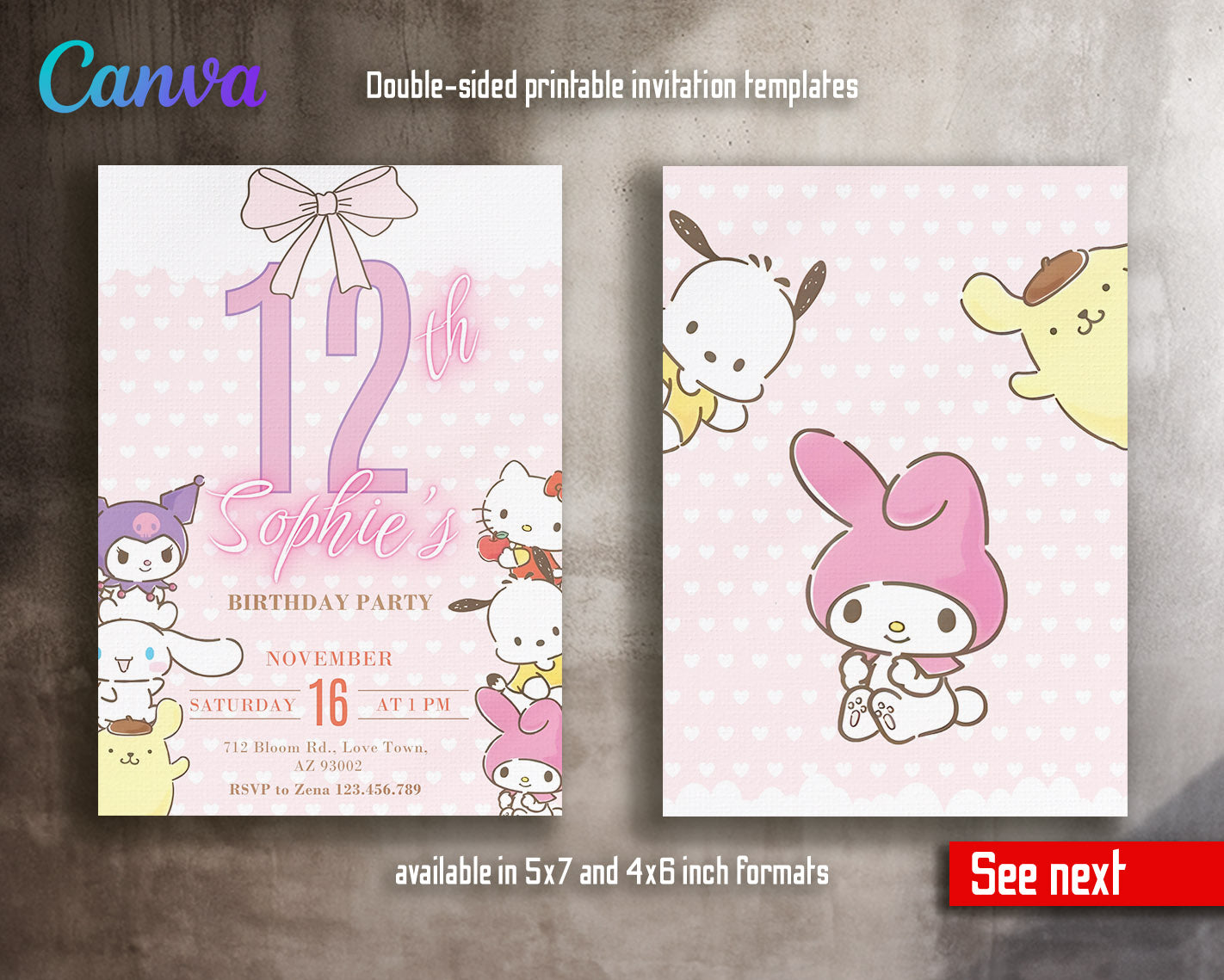 My Melody Hello Kitty Sanrio customizable invitation template | Share or Print | girl | KZ106