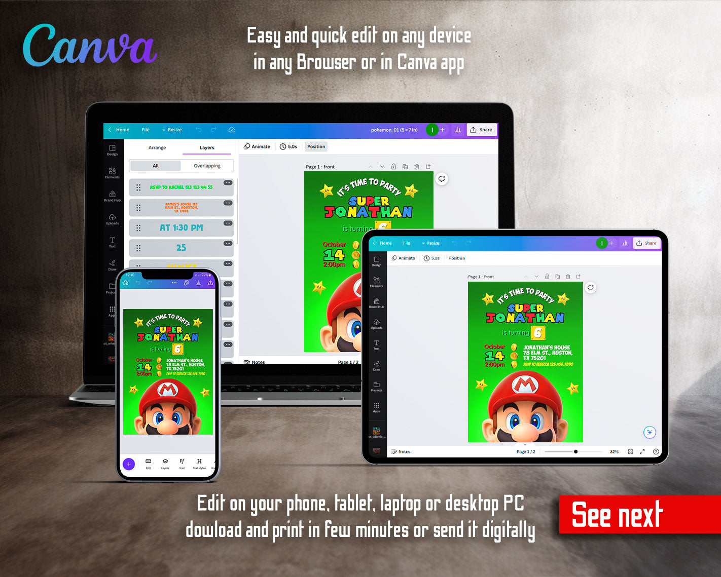 Super Mario Bros  customizable invitation template | Share or Print |  | FP200