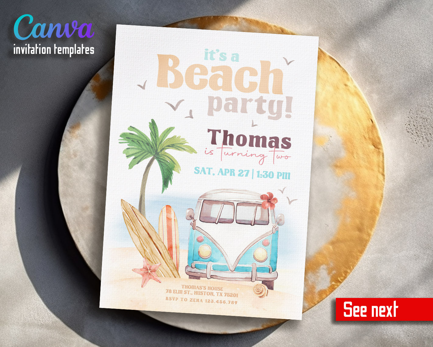 Groovy Surfvan Surfing customizable invitation template | Share or Print |  | TM819