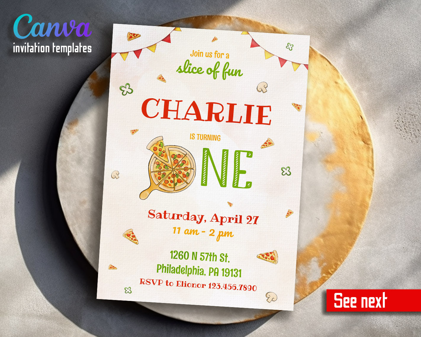 Pizza 1st Party customizable invitation template | Share or Print |  | DS238