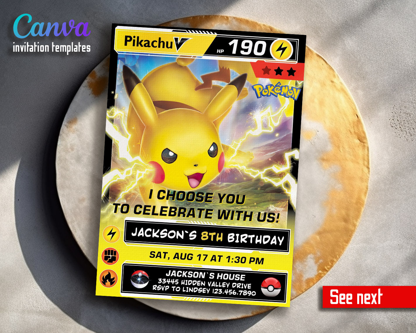 Pokemon Pikachu  customizable invitation template | Share or Print |  | MU864